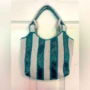 Viral TikTok Aqua Turquoise Blue & White Striped Beaded Bag Handbag NWT
